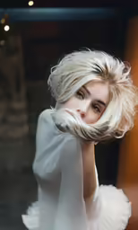 a woman with long blonde hair wearing white feathers