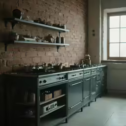 a kitchen with some brick walls and some stoves