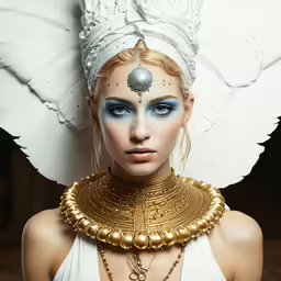 a female model with blue and gold makeup