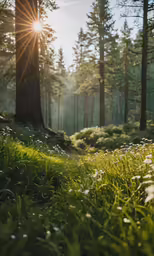 sun shining in the distance between some trees