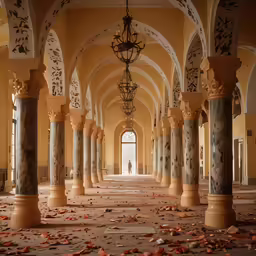 a very old building that has fallen leaves