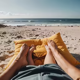man in khaki shorts and a green shirt laying on yellow pillow with feet up on the beach