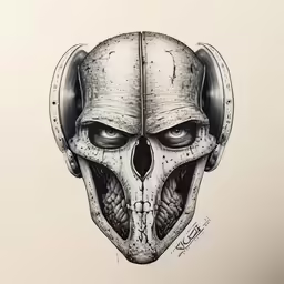 a tattoo artwork depicting the face of a demon skull with a cross and two horns on his forehead