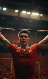 a man holding a stick above his head