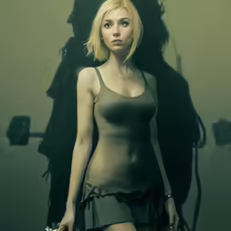 a girl wearing a tan shirt is standing against a shadow cast