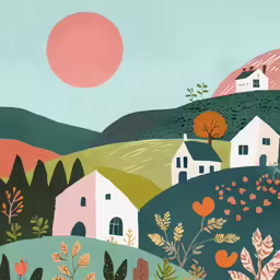 a painting of houses with flowers and leaves