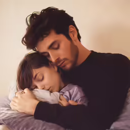 a man and woman sleeping on a bed