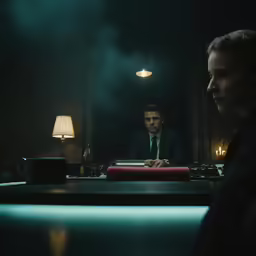 two people sitting at a bar and one man is looking at the camera