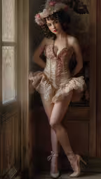 a painting of a woman posing in her costume,a woman in a corset with shoes and a hat