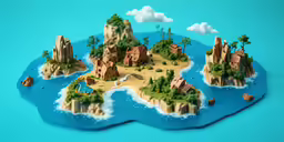 a miniature island is on the table with a blue background