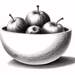 a drawing of apples in a bowl with one apple drawn behind it