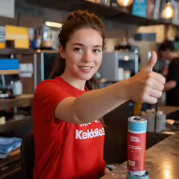 girl giving the thumbs up sign while sitting at table