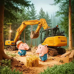 some small pigs are in front of a construction machine