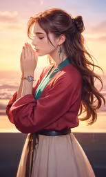 a young girl wearing a red top and skirt with her hands clasped together, against a sunset sky