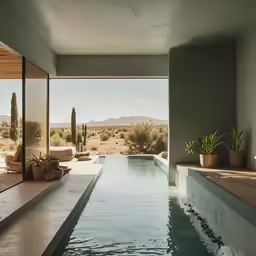 the indoor swimming pool is surrounded by desert vegetation