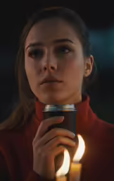 a woman is holding a cup of tea with tea lights in the background