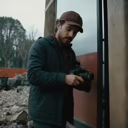 a man with a hat and camera looking at the window