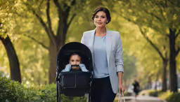 a woman and a child in a stroller on a sidewalk