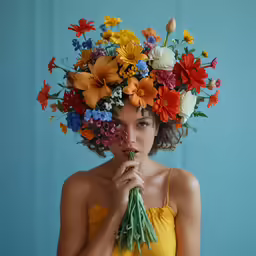 a woman with a bouquet of flowers on her head