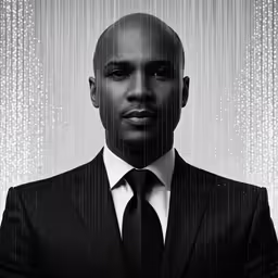 a black and white photo of a person wearing a suit with a striped tie