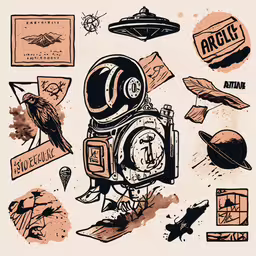 the back of a white t shirt with a clock and pictures of space travel,an ink painting of the design for a robot suit