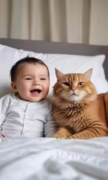 a baby laying next to an adult cat