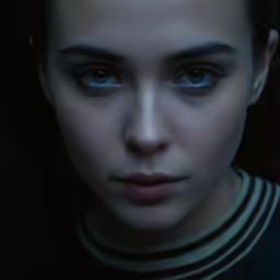 a woman looking straight ahead wearing blue eyes