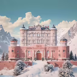 an old building in the middle of some snowy hills