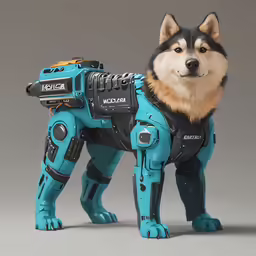 a husky standing next to a black and blue dog