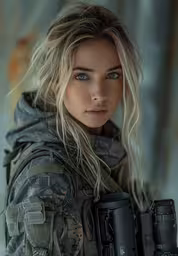 a woman in military gear with a camera,a female soldier in uniform holds an automatic rifle