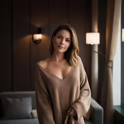 a woman in a brown sweater standing by the window
