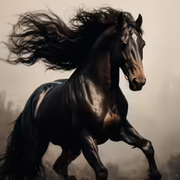 a black and brown horse galloping across the ground