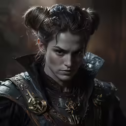 an evil young woman is dressed in armor