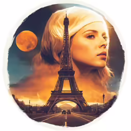a woman with blonde hair standing in front of the eiffel tower