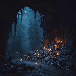 a trail leading up to a dark and dark cave