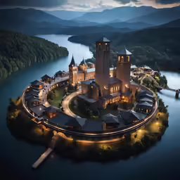 a castle in the middle of a lake with lights shining on the top of it