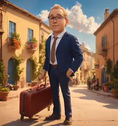 a young man standing in a street with a suit case,a man in a suit with a briefcase is standing on the road
