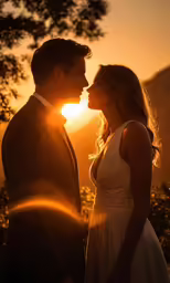 two people standing next to each other as the sun sets