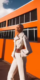 a black woman posing on the sidewalk wearing an all white outfit