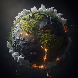 a green and black earth with fire coming out