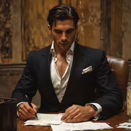 a man in a suit signs a document with a pen