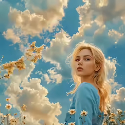 a woman stands in a field full of flowers
