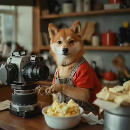a dog that is standing next to a camera