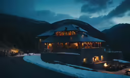 a home lit up with lights at night