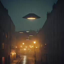 an alien shaped light over a city at night