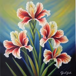 painting with three flowers in it next to the wall,the painting is of some colorful flowers on display,a painting of a group of flowers on a blue background,a painting of flowers in bright colors on a canvas,flowers in vase painted on blue and yellow background
