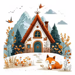 an illustration of a little house with a fox on it