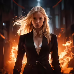 woman in black suit looking at the camera
