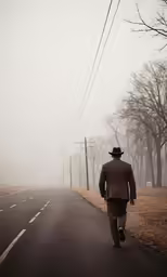 a man walking down a road next to power lines