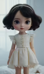 a doll is sitting on a bed in a dress